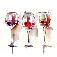 three wine glasses with red and white wines in them on a watercolor paper background