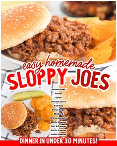 an advertisement for sloppy joes with hamburger and pickles on the side in red