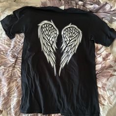 Black Cotton T Shirt With Large White Angel Wings On The Back, Short Sleeves, Adult Size Small, Never Worn Before Casual Crew Neck Tops From Amazon, Casual Amazon Crew Neck Tops, Casual Amazon Short Sleeve Top, Casual White Tops From Amazon, Casual White Top From Amazon, Casual White Tops By Amazon, Casual White Amazon Top, Black And White Angel Wings, Amazon Tops