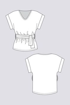 the front and back view of a women's top with a belted waist