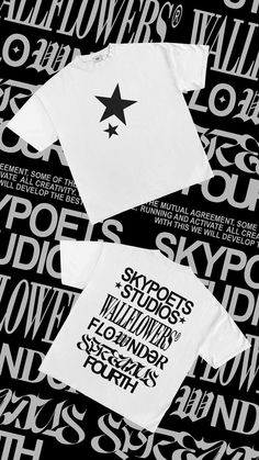 two t - shirts with black and white typograms on them, one has a star in the middle