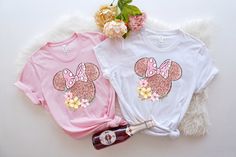 Minnie Shirts, Minnie Silhouette, Girls Disney Shirts, Mickey Balloons, Minnie Mouse Shirts, Rose Gold Sparkle, Minnie Shirt, Silhouette Shirt, Baby Minnie