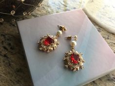 Ruby earrings, something red, crystal bridal earrings, gold earrings, vintage earrings, burgundy jewellery, pearl earrings, Art Deco by weddingvalle on Etsy Bridal Earrings Gold, Jewellery Pearl, Crystal Bridal Earrings, Earrings Art, Long Drop Earrings, Ruby Earrings, Wedding Jewelry Earrings, Red Crystals, Earrings Vintage