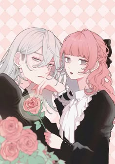 two anime characters hugging each other with flowers in front of their faces on a pink and white checkered background