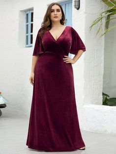 Color=Burgundy | Elegant Double V Neck Velvet Party Dress-Burgundy 2 Plus Size Evening Dresses, Plus Size Velvet, Velvet Evening Dress, Maxi Evening Dress, Velvet Bridesmaid Dresses, Vintage Plus Size, Plus Size Party Dresses, Velvet Maxi Dress, Plus Size Formal