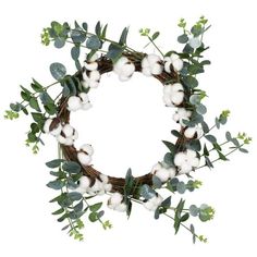 a wreath with cotton and eucalyptus leaves