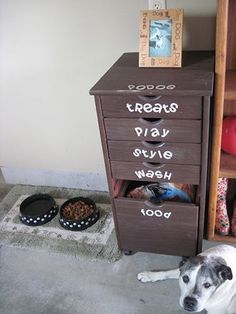 a dog laying on the floor in front of a wooden cabinet with writing on it