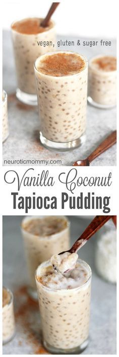 vanilla coconut tapioca pudding in small glasses with spoons