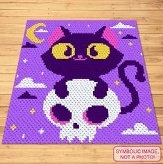 a purple rug with a black cat on it and stars in the sky behind it