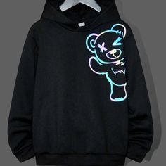 Reflective Multicolor Rainbow Bear Hoodie Sweatshirt. This Is So Amazing! My Child Has One And Gets Compliments Everywhere We Go In This Awesome Hoodie. In Plain Lighting Its A Neat Design But In Sunlight Or Bright Light It Really Shines! Make Me An Offer! Black Hooded Hoodie With Cartoon Print, Black Cartoon Print Hoodie, Black Hoodie With Cartoon Print, Black Hoodie With Cartoon Print For Streetwear, Black Cartoon Print Sweatshirt For Streetwear, Trendy Black Hoodie With Cartoon Print, Black Hooded Top With Cartoon Print, Black Cartoon Print Sweatshirt Streetwear, Casual Black Sweater With Cartoon Print