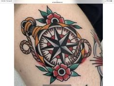 an old school style compass tattoo on the thigh