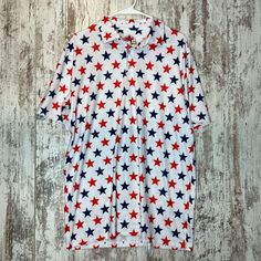 Proud 90 Red White And Blue Stars Golf Polo Shirt Mens Large New With Tags Patriotic Short Sleeve Top With Star Print, Patriotic Star Print Short Sleeve Tops, Casual Short Sleeve Shirt With Star Print, Patriotic Red Shirt With Relaxed Fit, Patriotic Red Tops With Star Print, Patriotic Red Star Print Top, Casual Star Print Short Sleeve Shirt, Red Patriotic Top With Star Print, Red Patriotic Star Print Top