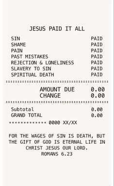 the receipt for jesus paid it all, with numbers in each row and one line