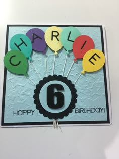 a happy 6th birthday card with balloons and the number six on it's front