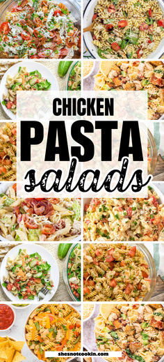 Chicken pasta salad photo collage with text overlay. Summer Pasta Salad With Chicken, Chicken Salad Pasta Salad, Chicken Salad Recipe With Pasta, Cold Pasta With Chicken, Blackened Chicken Pasta Salad, Easy Chicken Pasta Salad Recipes, Mexican Chicken Pasta Salad, Chicken And Pasta Salad Recipes, Pasta Salads With Chicken