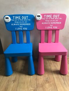 two children's chairs with time out and always remember i love you signs on them