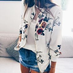 Alisha Floral Bomber Jacket Streetwear Plus Size, White Jacket Women, Streetwear Coat, Outwear Fashion, Plus Size Coats, Estilo Chic, Long Sleeves Coats, Summer Jacket, Floral Print Shorts