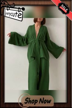 Spring Deep V Neck Belted Cardigan and Wide Leg Pants Suit Women Solid Loose Homewear Sets Autumn Long Sleeve Two-pieces Outfits Spring Long Sleeve Two-piece Pantsuit, Green Two-piece Pant Set For Spring, Green Pant Set For Spring, Spring Green Two-piece Pant Set, Spring Long Sleeve Matching Set Pantsuit, Spring Solid Color Long Sleeve Pantsuit, Green Two-piece Long Sleeve Pant Set, Green Matching Set For Fall, Fall Green Matching Set