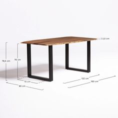 a wooden table with black metal legs and measurements for the top, bottom and side