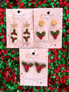 Holly Earrings Mistletoe Earrings, Holly Earrings, Anthropologie Earrings, Earrings Ideas, Sunflower Earrings, Christmas Holly, Clay Earrings, Jewelry Earrings Dangle, San Diego