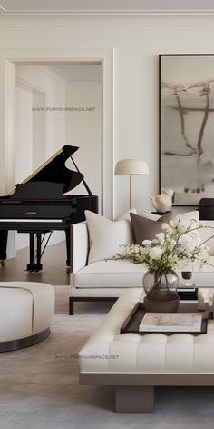 a living room filled with furniture and a piano