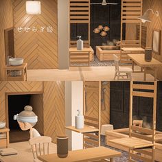 the interior of a japanese restaurant with wooden tables and chairs