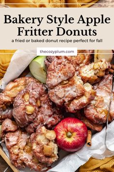 an apple and cinnamon donuts on a plate with the words, bakery style apple fritter doughnuts