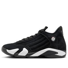 Air Jordan 14 Retro 'Black White' 487471-016 Classic Black Synthetic Basketball Shoes, Classic Black Jordan Shoes For Streetwear, Classic Black Basketball Shoes With Boost Midsole, Classic Black Jordan Shoes With Rubber Sole, Classic Black Breathable Sneakers, Black Breathable Leather Jordan Shoes, Black Leather Breathable Jordan Shoes, Classic Black Low-top Jordan Shoes, Classic Black Lace-up Jordan Shoes