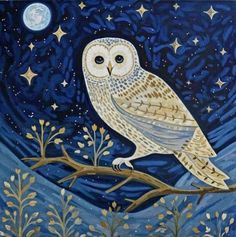 an owl is sitting on a branch in the night sky