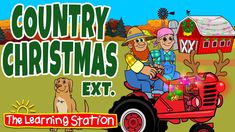 an animated christmas card with two men driving a red tractor and a dog on the back