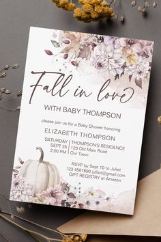 Fall in love autumn baby shower chrysanthemums pumpkin watercolor foliage invitation template Baby Shower Girl Theme November, Falling For You Baby Shower Theme, Falling In Love Baby Shower Theme, Fall Baby Girl Shower Ideas, Fall In Love Baby Shower Theme, Fall Baby Shower Themes, Pumpkin Watercolor, Love Pastel, Watercolor Foliage