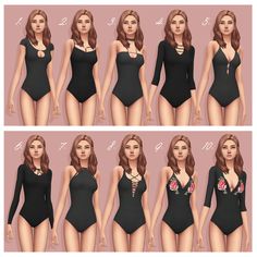 four different poses of a woman in black swimsuits with flowers on her chest