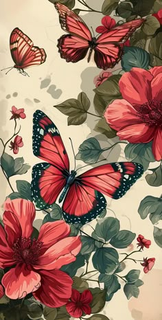 red flowers and butterflies with green leaves on the bottom right hand corner, in front of a beige background