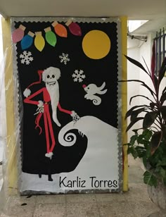 a sign with a skeleton on it in front of some plants and potted plants