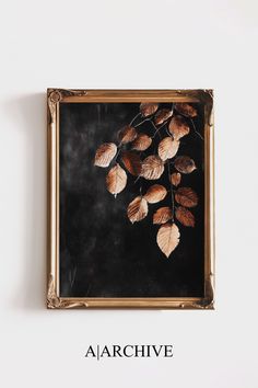 an image of leaves on a black and gold framed art piece with words above it