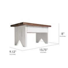 a white bench with wooden top and measurements for the legs, heights and width