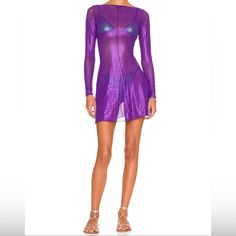 Lame Mini Dress In Purple Oseree Summer Long Sleeve Mesh Cocktail Dress, Purple Sheer Party Dress, Sheer Purple Party Dress, Sheer Long Sleeve Beachwear Dresses, Long Sleeve Sheer Beachwear Dress, Long Sleeve Beachwear Dress For Party, Fitted Mesh Beachwear Dress For Spring, Purple Sheer Dresses For Summer, Purple Sheer Dress For Summer