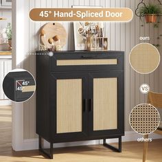 an image of a black cabinet with woven door panels and the words 45 hand - spiced door