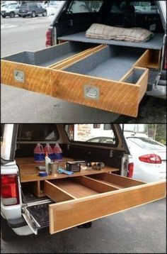 two pictures of the back of a truck with drawers in it and an open trunk