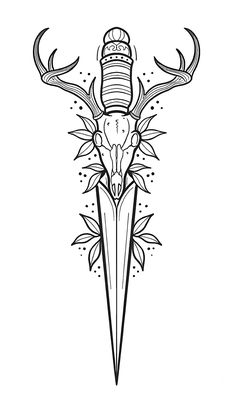 an ink drawing of a dagger with antlers and flowers on the head, in black and white