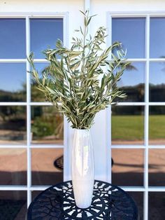 a vase filled with green plants sitting on top of a table next to a window