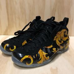 Never Worn. Sz12us. Black/Metallic Gold Luxury Basketball Shoes, Luxury Black High-top Basketball Shoes, Luxury Black Leather Basketball Shoes, Supreme Shoes, Shoes Nike Air, Foam Posites, Black Metallic, Shoes Nike, Shoe Game