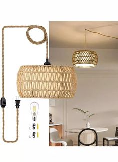 two lamps hanging from the ceiling in a room