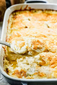 a spoonful of chicken and cheese casserole being lifted from a white dish