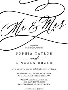 an elegant wedding card with the word mr and mrs in cursive font on it