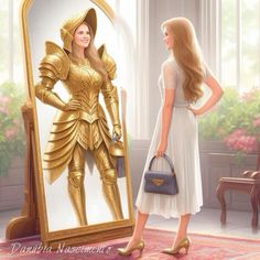 a woman standing in front of a mirror looking at herself in the mirror, with a gold statue behind her