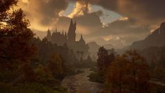 an image of a castle in the distance with trees and bushes around it at sunset