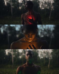 three different images of a woman with green paint on her face and chest, in front of trees