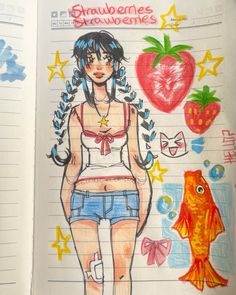 a drawing of a girl with fish, strawberry and starfish on her back in a notebook