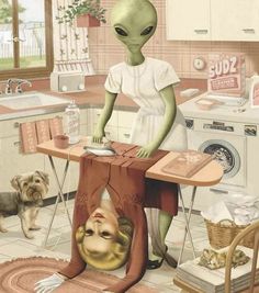 an alien is sitting at a table with a dog in front of it and another creature standing next to him